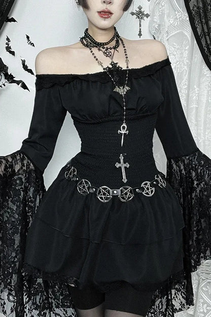 Dark Gothic One Shoulder Shaping Waist Patchwork Slim Mini Dress