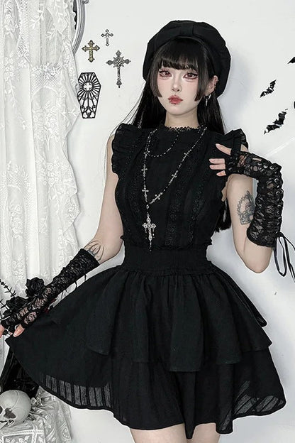Dark Alt Gothic Sleeveless Lace Patchwork Slim Waisted Mini Dress