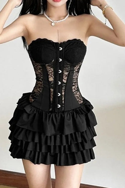 Black Lace Patchwork Off Shoulder Backless Tiered Mini Dress