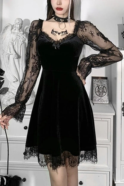 Dark Gothic Solid Color Bandeau Long - sleeved Lace - stitched Mini Dress