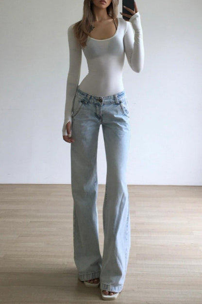 Chic High-Street Vintage Washed Straight Jeans