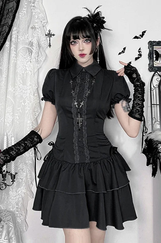 Dark Gothic Lace Patchwork High Waist Bow A-line Mini Dress