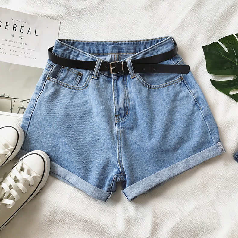 High Waist Classic Denim Shorts With Belt