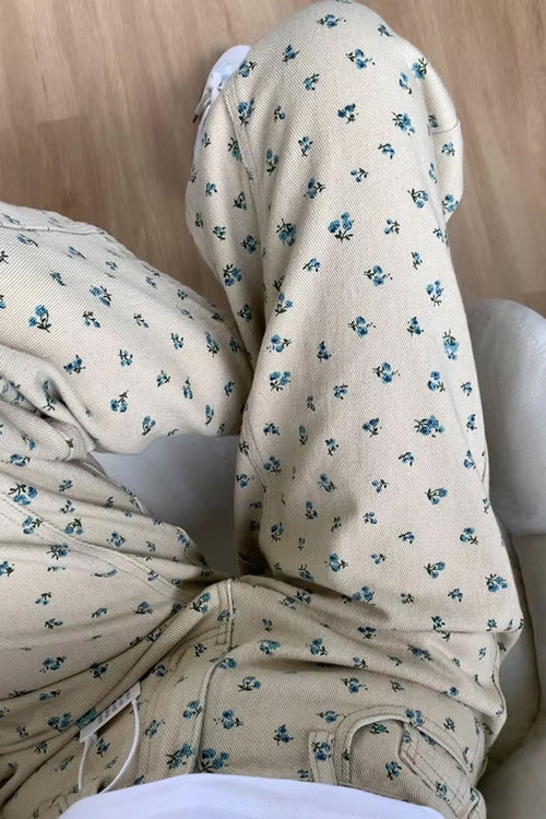 High Waist Loose Floral Pattern Khaki Jeans Pants