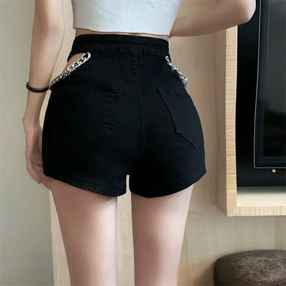 Sexy Cut Out Chain Patchwork Denim Shorts