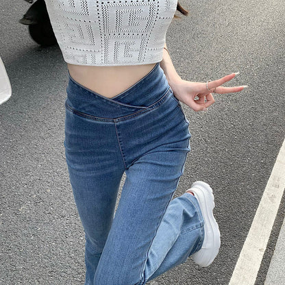 High Waist Asymmetrical Flare Jeans Pants