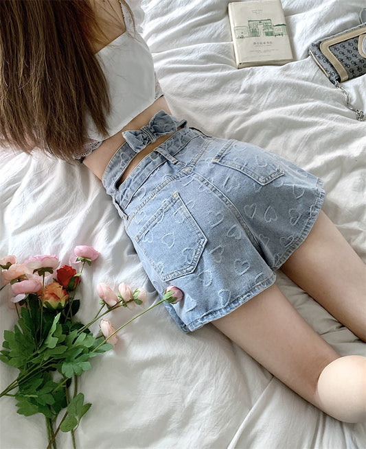 Cute Back Bow Heart Embroidered Shorts Jeans