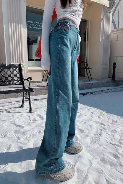 High Waist Butterfly Shaped Hole Jeans Pants