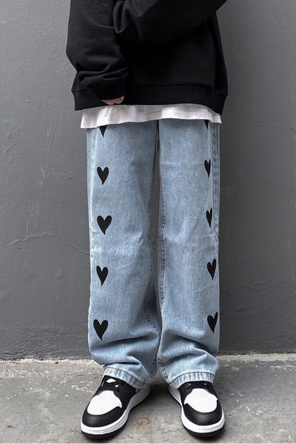 Long Heart Pattern Men Jeans Pants