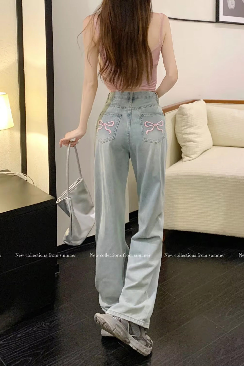 High Waist Cute Pocket Bow Embroidered Long Jeans Pants