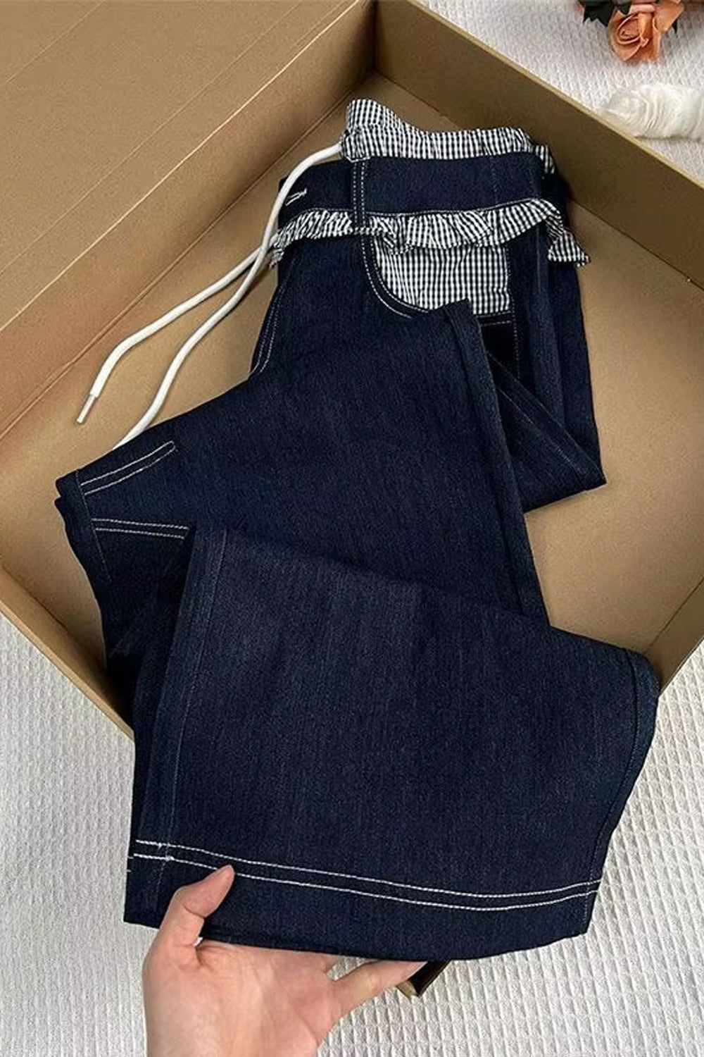 Vintage Ruffled Striped Waist Denim Long Pants