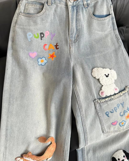 Cute 3D Cat and Dog Embroidered Casual Jeans Pants