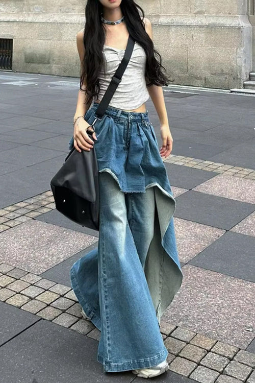 Fake Two Splicing Flare Jeans Pants