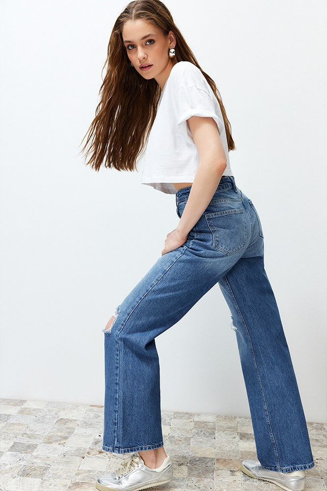 Washed Ripped High-Waist Drapey Straight Leg Jeans