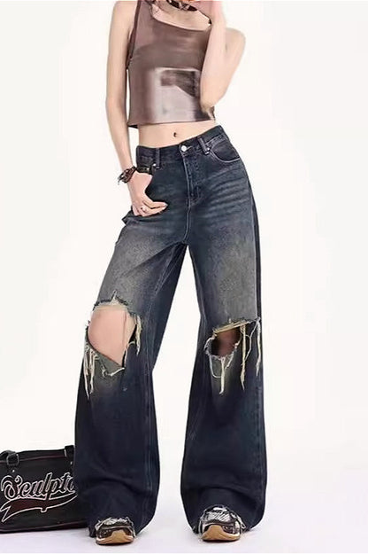 Vintage Distressed Raw Hem Low-Rise Wide-Leg Jeans