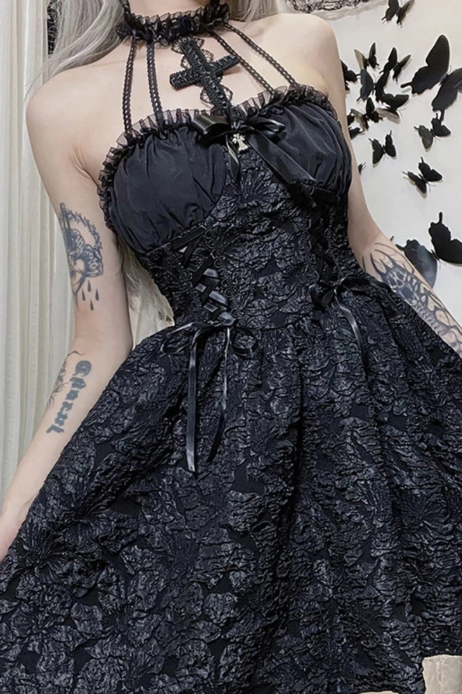 Black Gothic Jacquard Ruched Bandage A-line Mini Dress