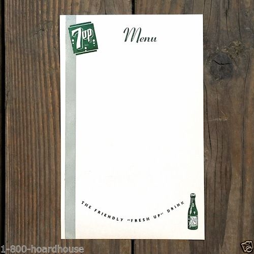 7UP SODA Bottle Menu Sheets 1940s