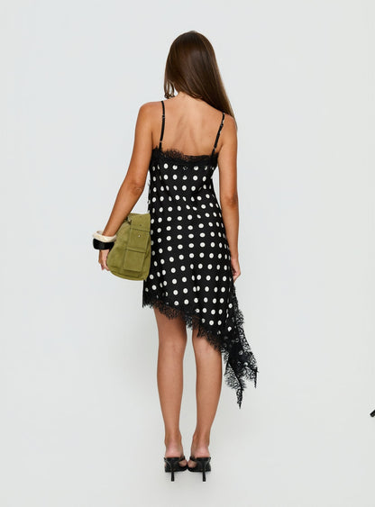 Afterdark Lace Asymmetrical Mini Dress Black Polka Dot
