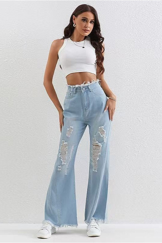 Washed Blue Ripped Patchwork Raw Hem Slim Fit Flare Jeans