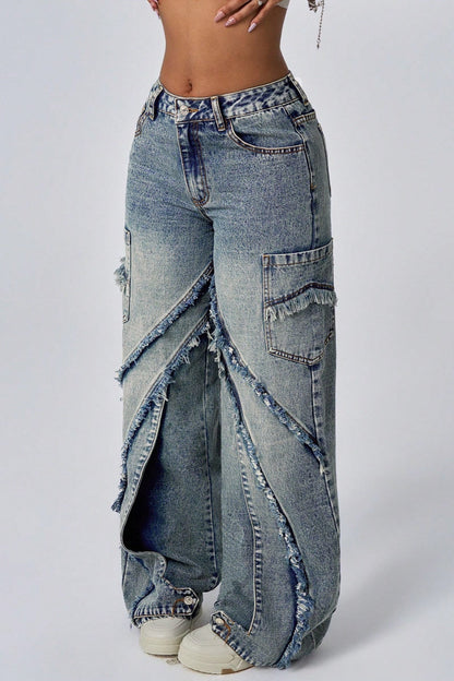 Wide Leg Raw Hem Patchwork Loose Fashion Jeans
