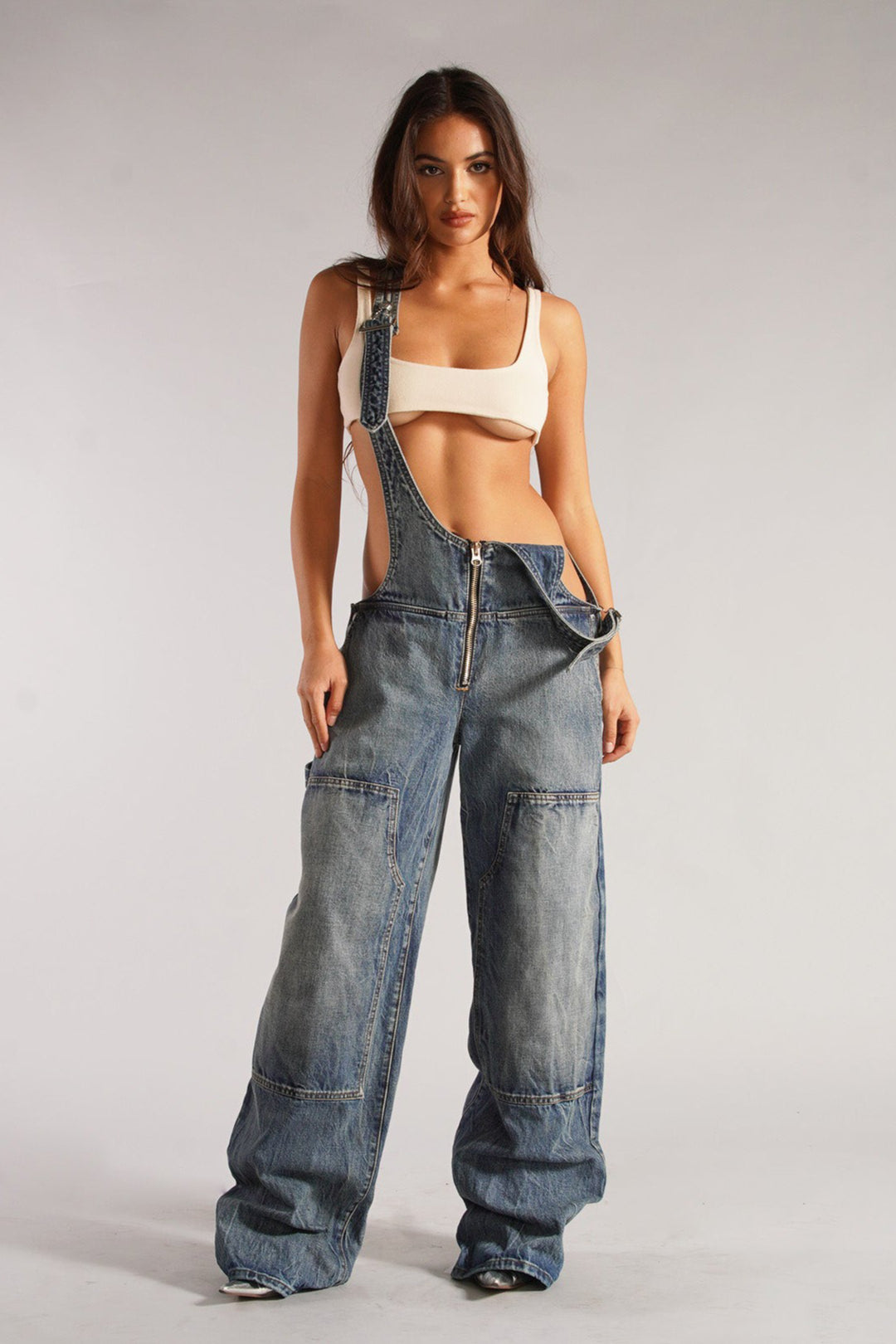Street Style Low-Rise Suspender Wide-Leg Jeans
