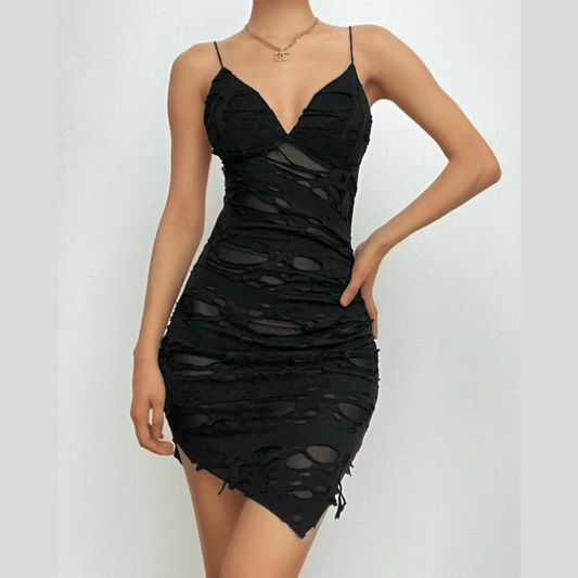 Textured v neck solid spaghetti strap backless mini dress
