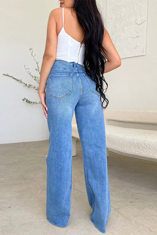 High-Waisted Ripped Wide-Leg Frayed Denim Jeans