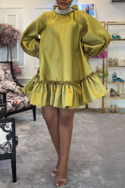 Elegant Puff Sleeve Satin Solid Color Ruffle Lace-Up Mini Dress