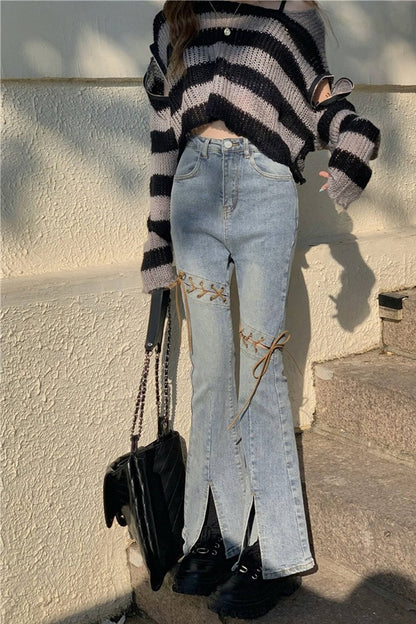 Split Leg Lace Up Tie Long Slim Jeans Pants