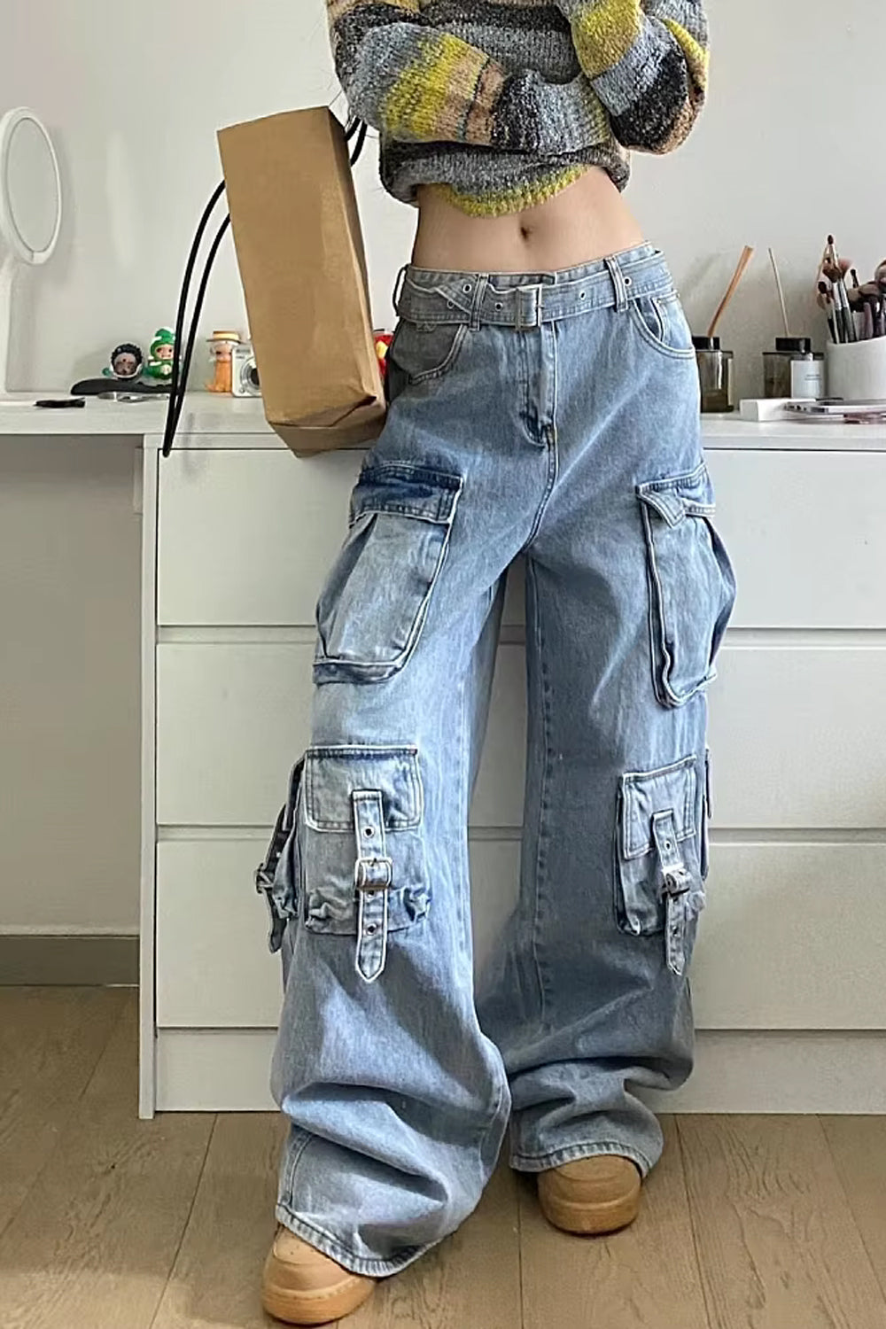 Loose Multi Cargo Pockets Wide Leg Jeans