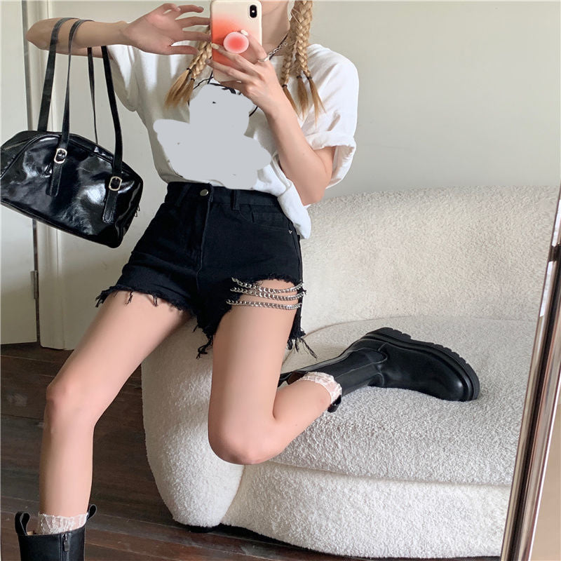 Sexy Ripped Chain Denim Shorts Pants