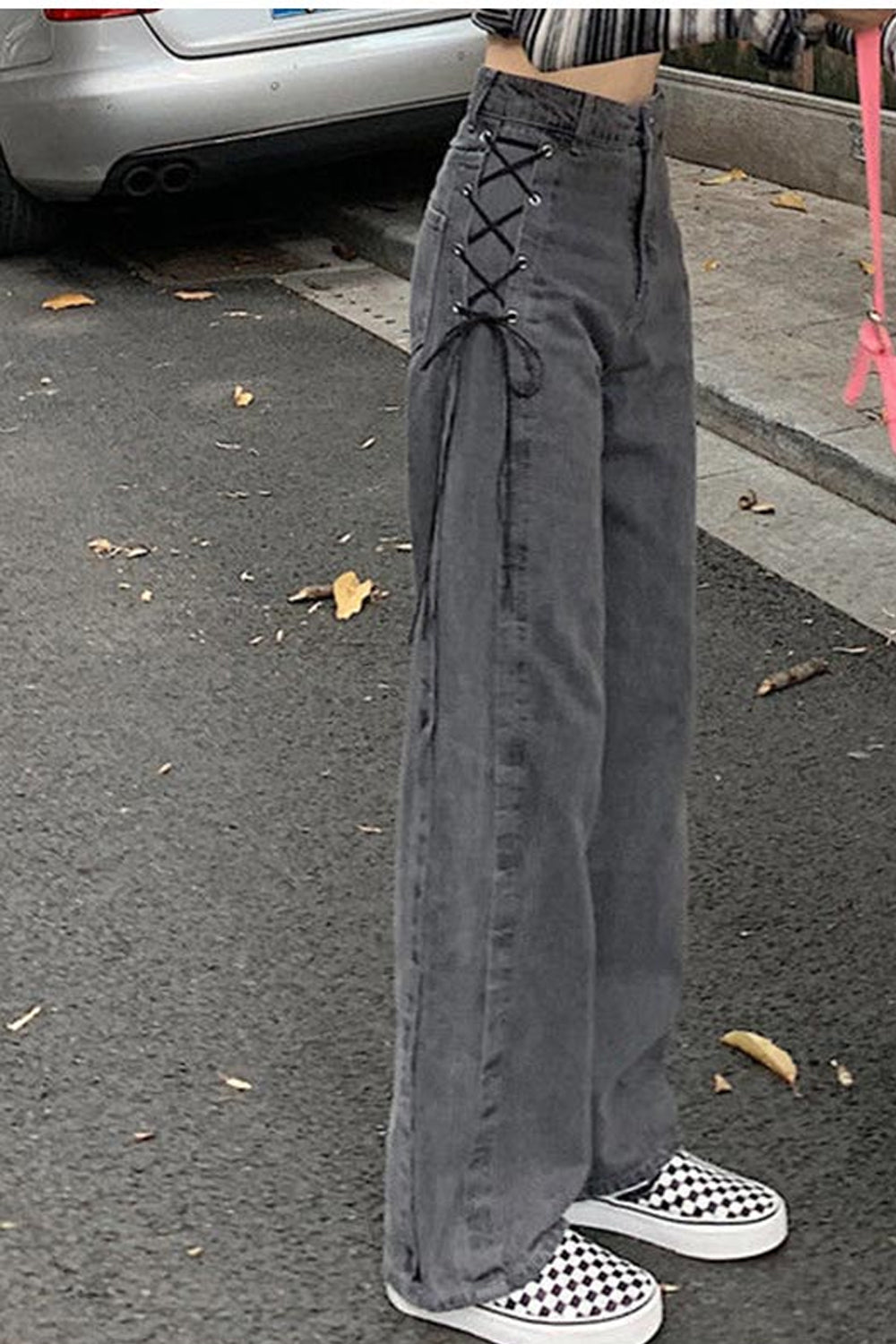 High Waist Side Tie Long Grey Jeans Pants