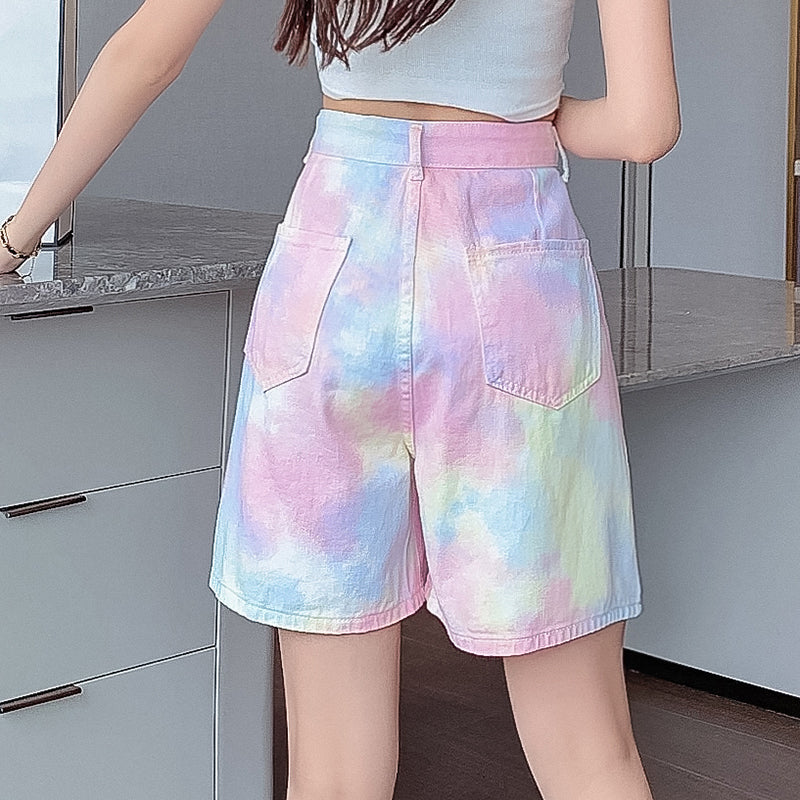 Pink Tie Dye Wide Leg Shorts Jeans