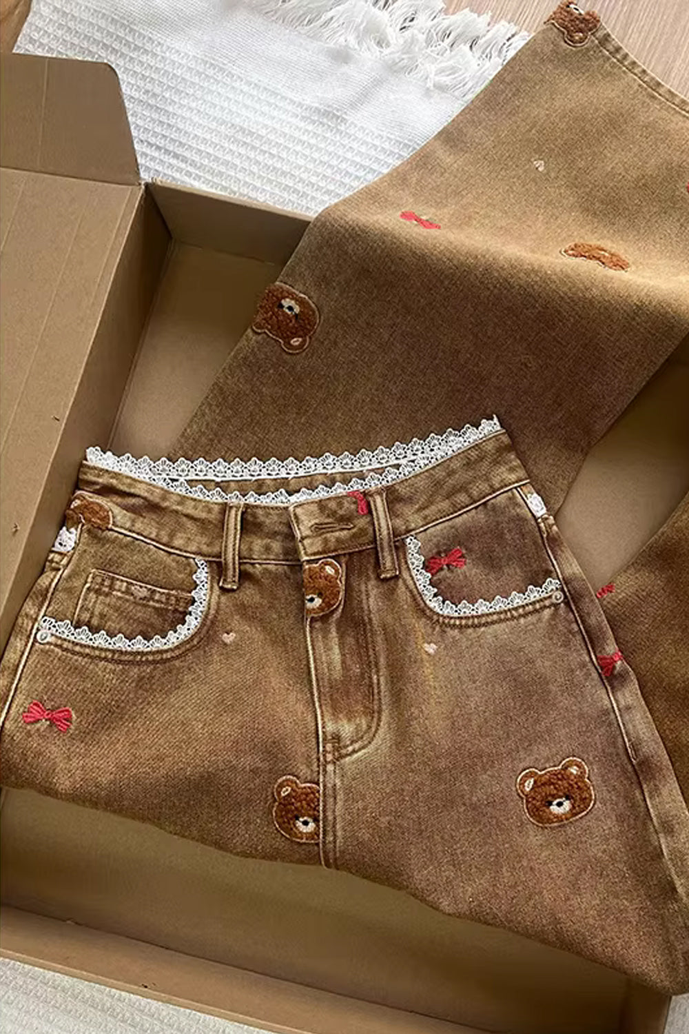 High Waist Bear Embroidered Brown Jeans Pants