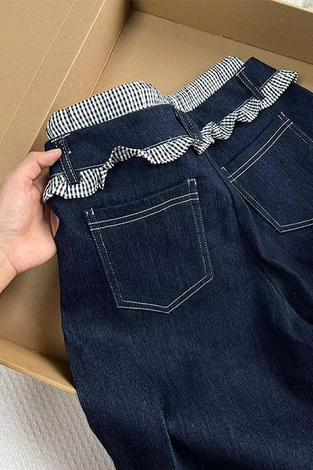 Vintage Ruffled Striped Waist Denim Long Pants