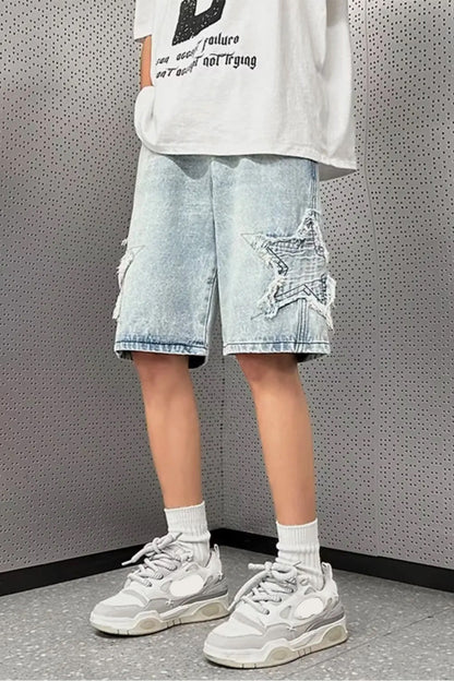 Stars Patchwork Retro Washed Denim Shorts