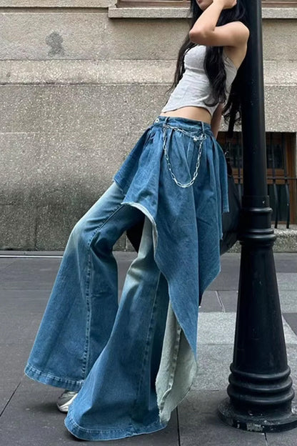 Fake Two Splicing Flare Jeans Pants