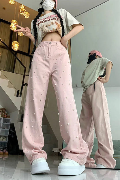 High Waist Cute Pearls Beaded Pink Jeans Pants
