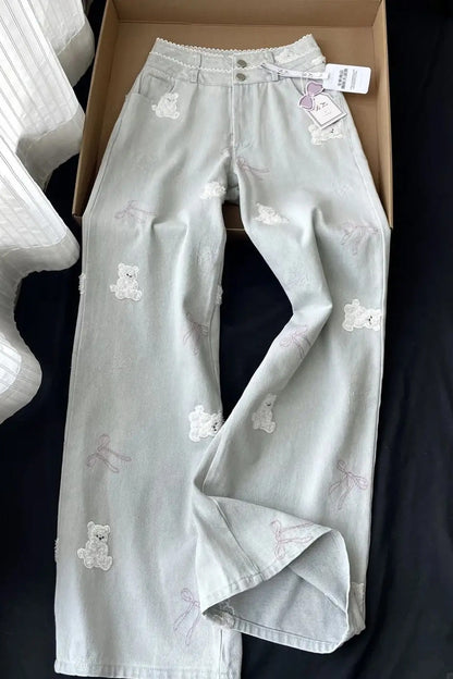 High Waist Bear Embroidered Lace Jeans Pants