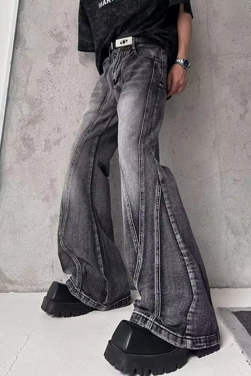 Retro Flare Style Washed Grey Jeans Pants