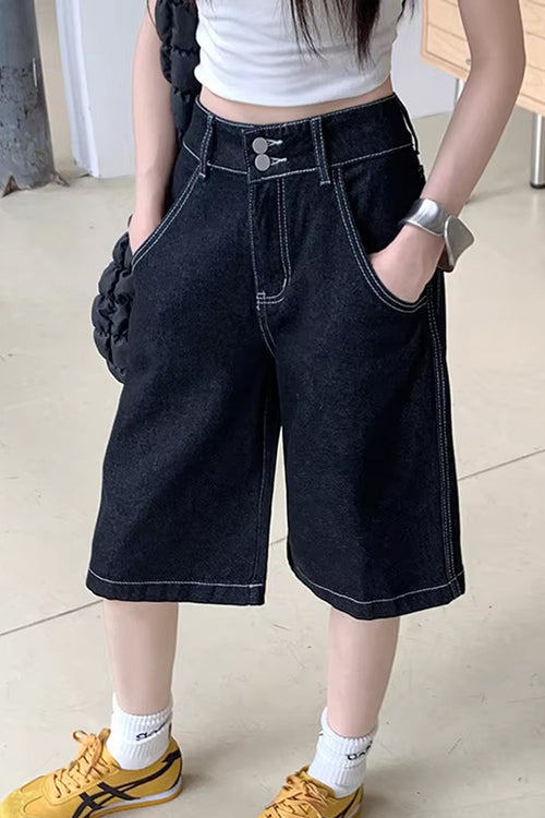 Loose Retro Black Color Jeans Shorts