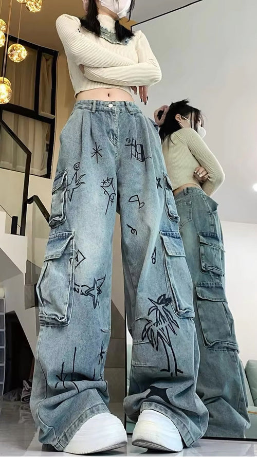 Loose Art Pattern Cargo Pockets Jeans Pants