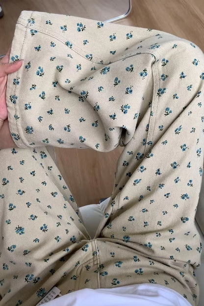 High Waist Loose Floral Pattern Khaki Jeans Pants