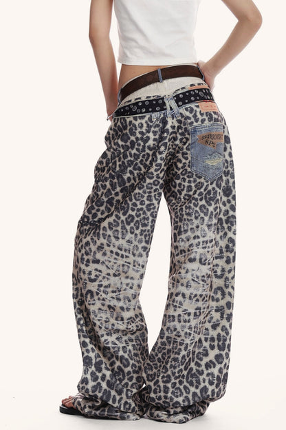 Low Waist Leopard Wide Leg Loose Flare Jeans