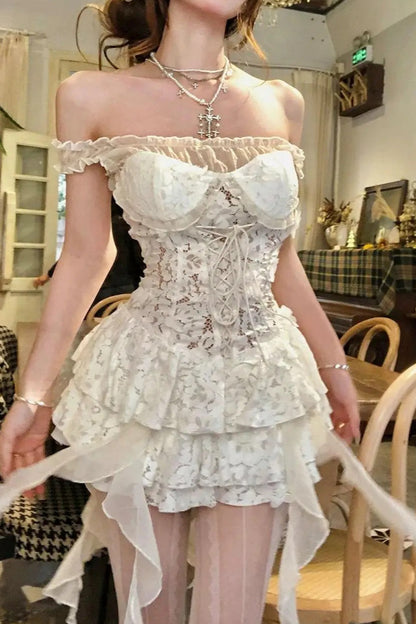 White Lace Off Shoulder Slip Chic Y2K Vintage Mini Dress