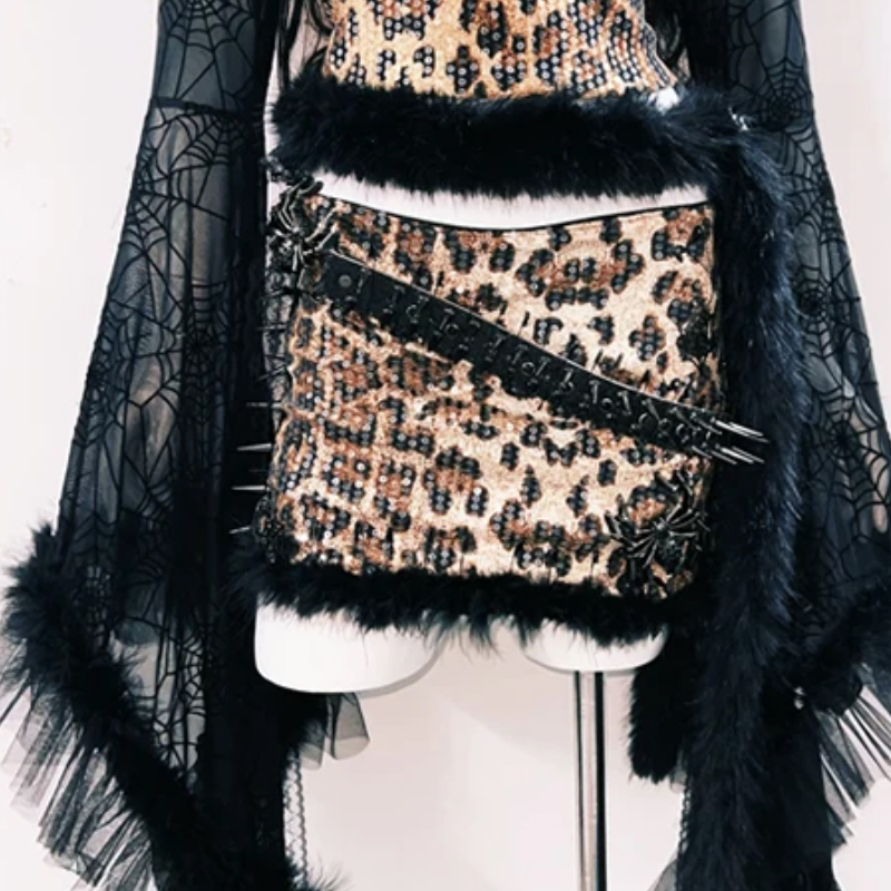 Leopard print glitter long sleeve spider applique mini skirt set  | Festival Outfits Women  | Leopard Print Mini Dress