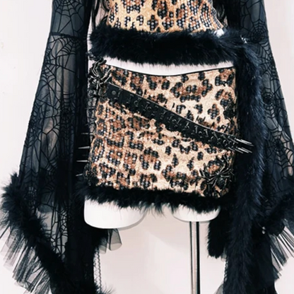 Leopard print glitter long sleeve spider applique mini skirt set  | Festival Outfits Women  | Leopard Print Mini Dress
