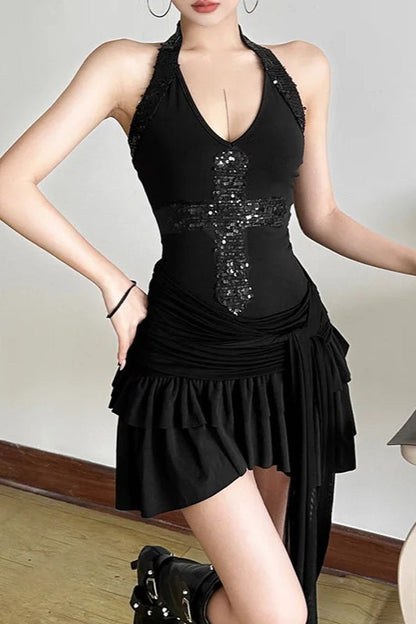 Patchwork Cross Sequins Halter Backless Mesh Mini Dress