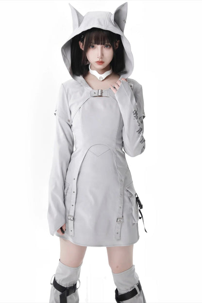 Cyber Techwear Wolf Girl Mini Dress