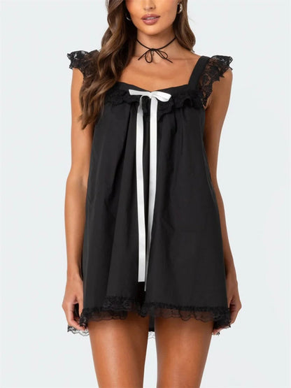 Lace Bowknot Embellished Mini Dress